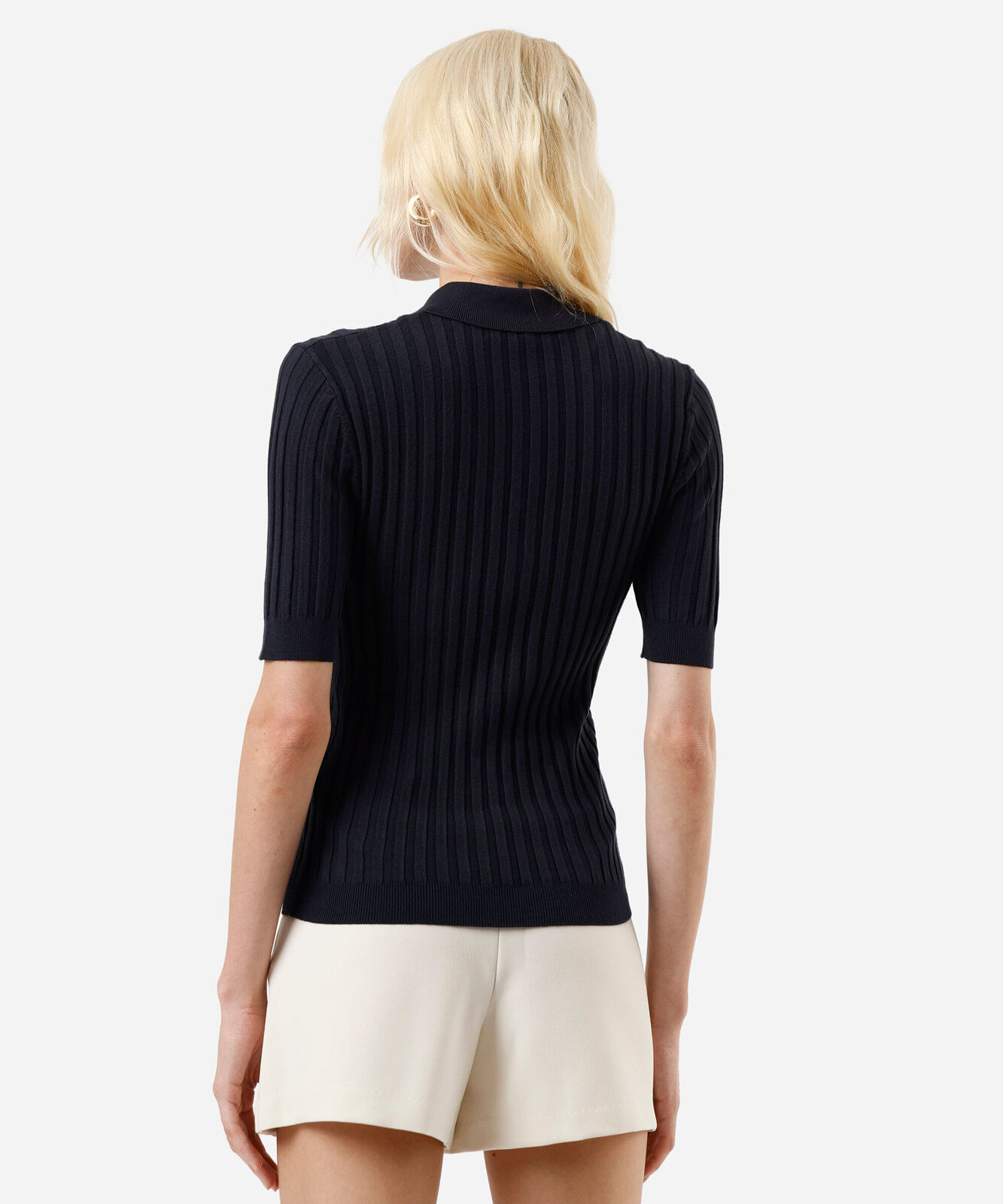 polo feminina de tricot canelada azul