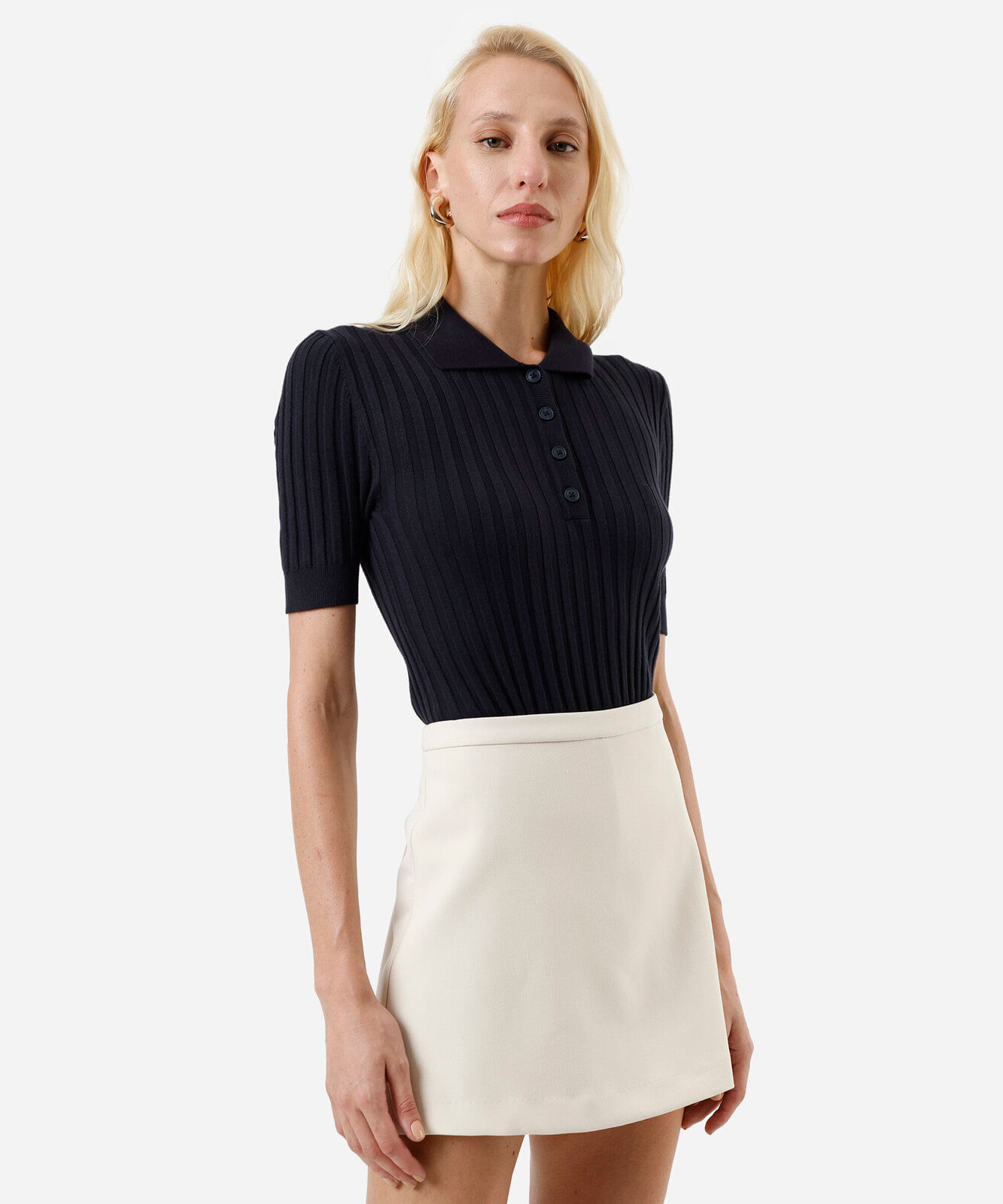 polo feminina de tricot canelada azul