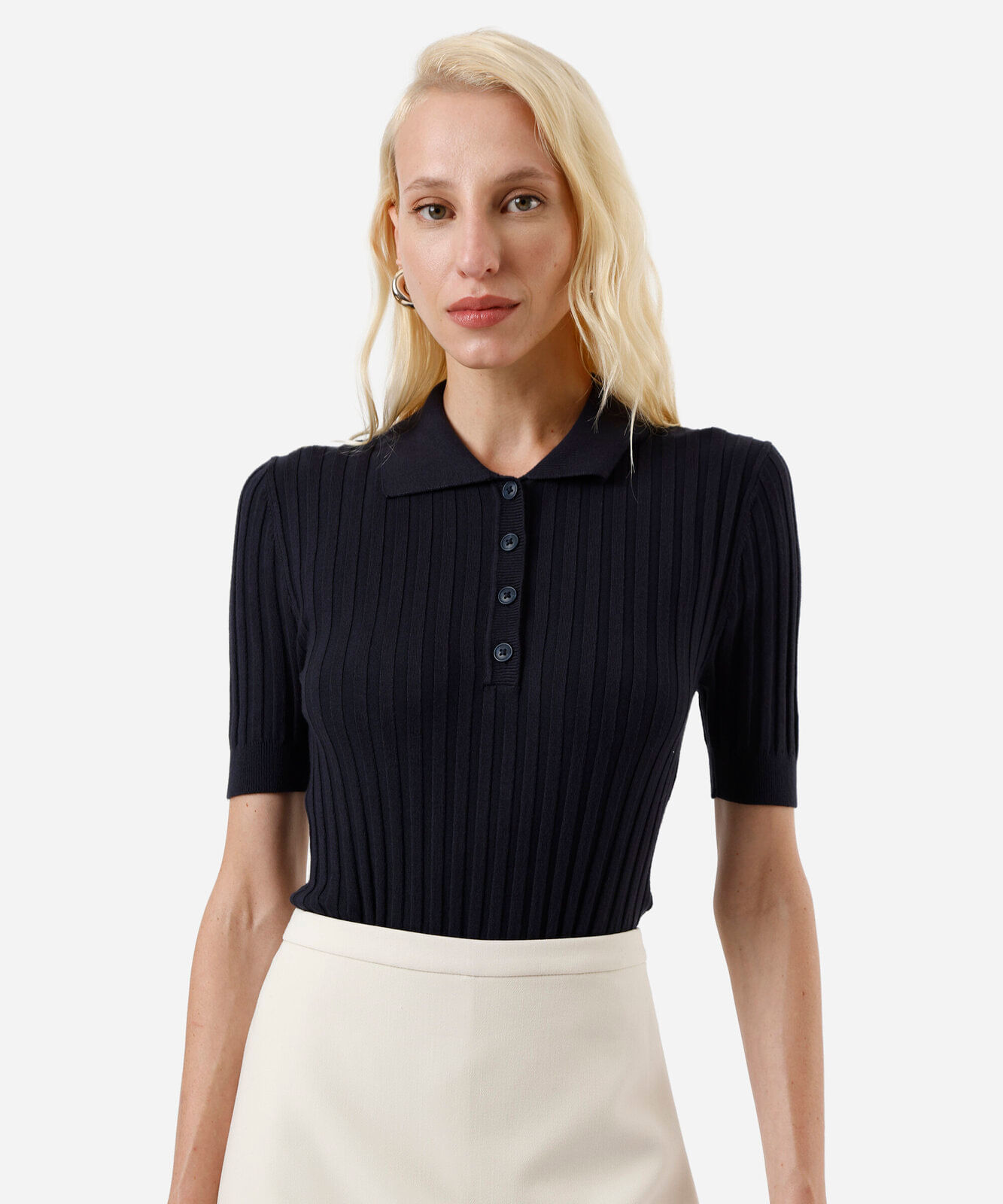 polo feminina de tricot canelada azul