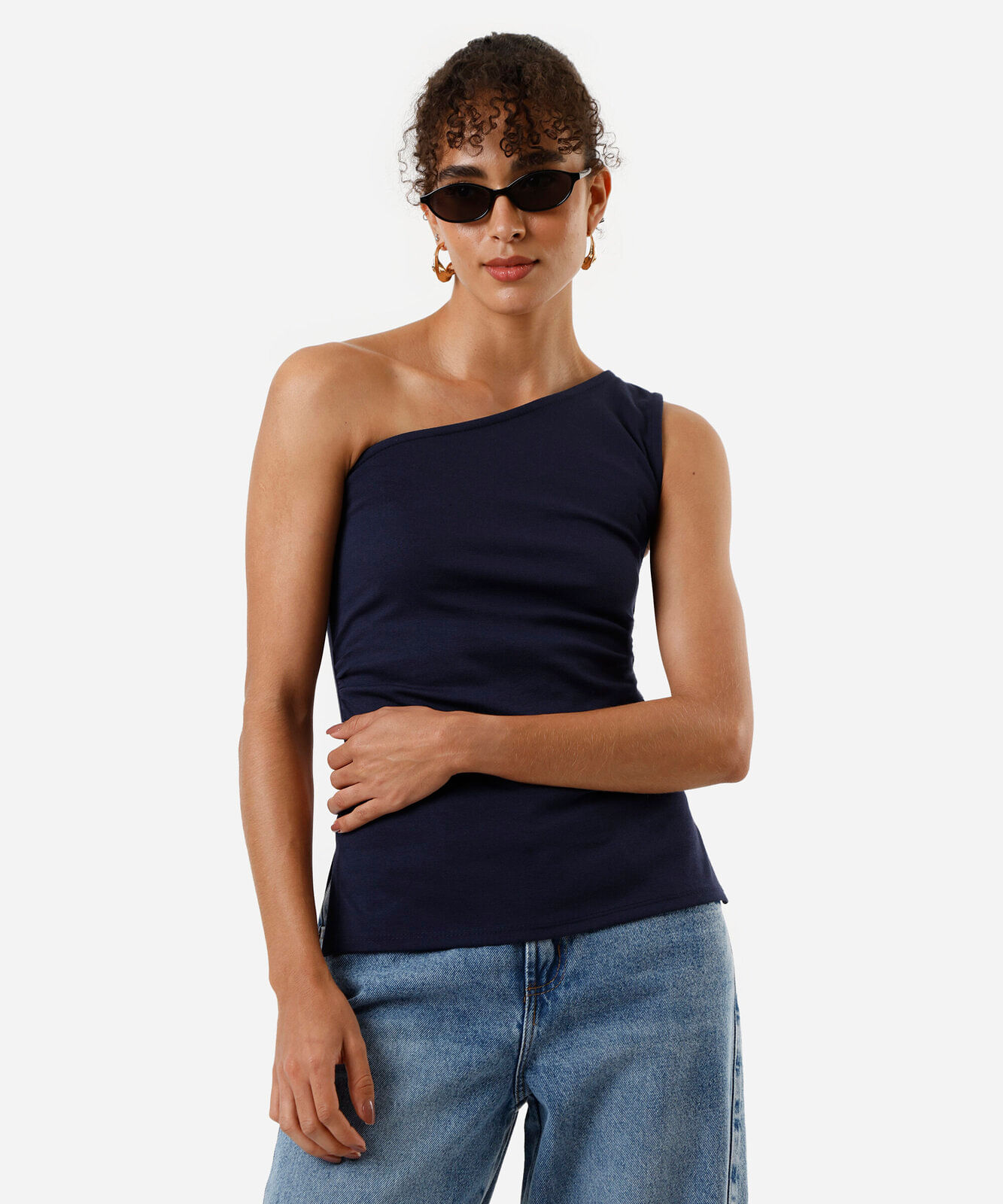 blusa feminina assimétrica franzida azul