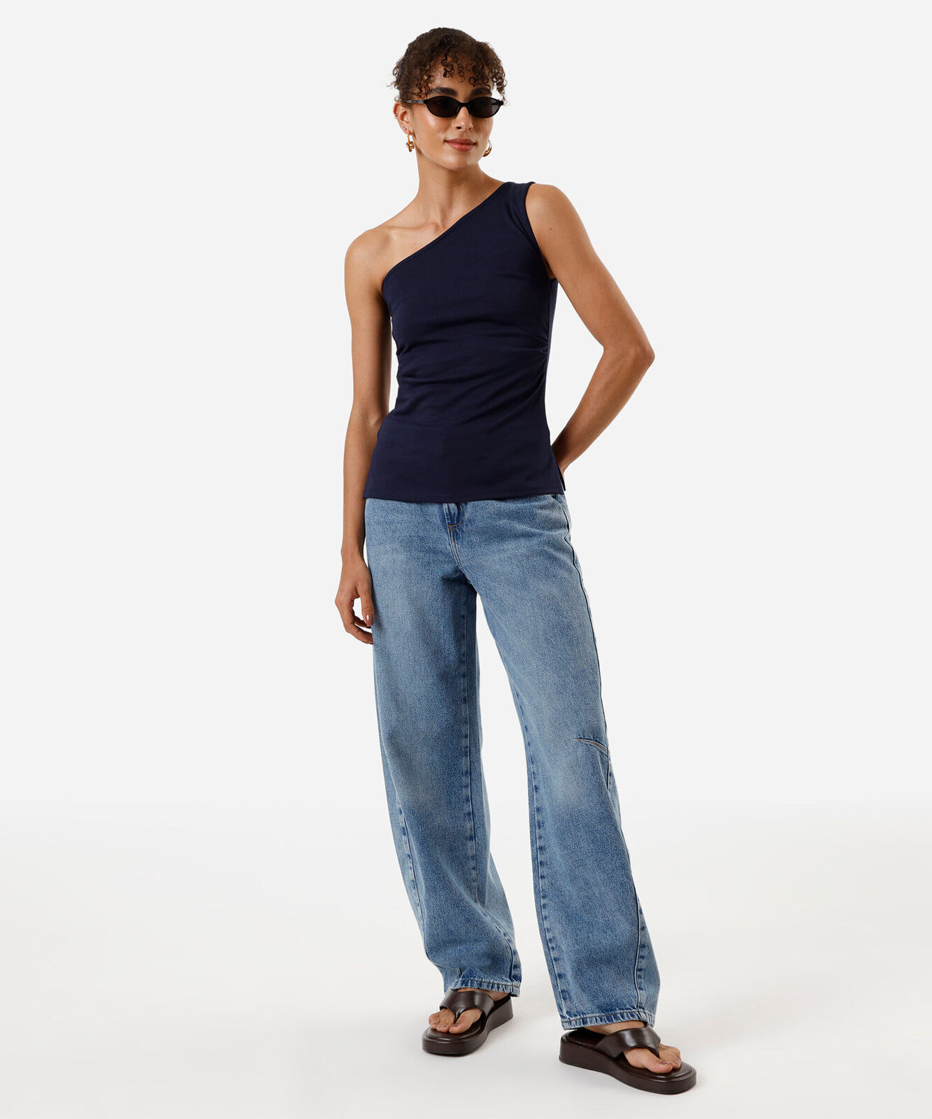 blusa feminina assimétrica franzida azul