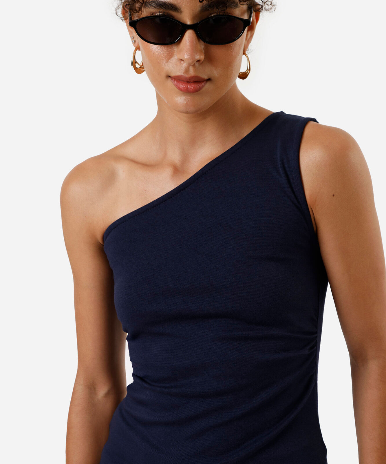 blusa feminina assimétrica franzida azul