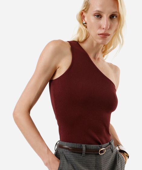 regata de tricot ombro único canelada vinho