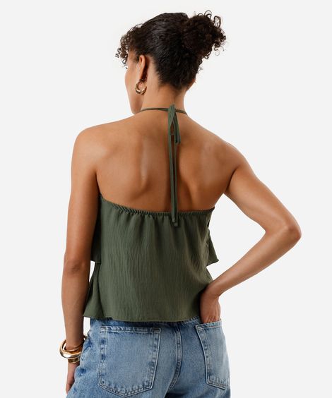 blusa halterneck feminina com babados texturizada verde