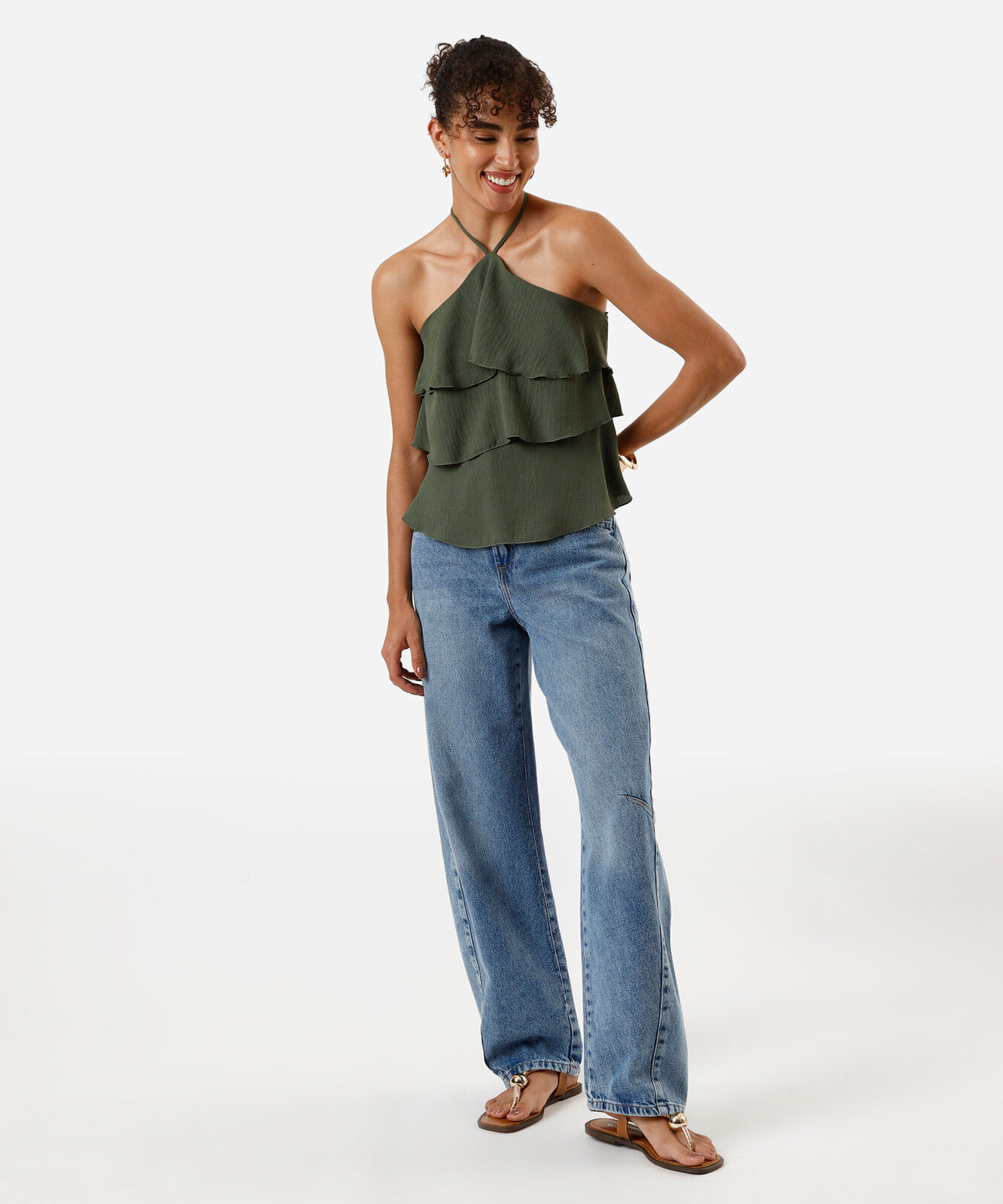 blusa halterneck feminina com babados texturizada verde
