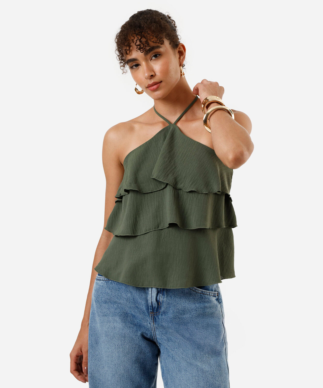 blusa halterneck feminina com babados texturizada verde