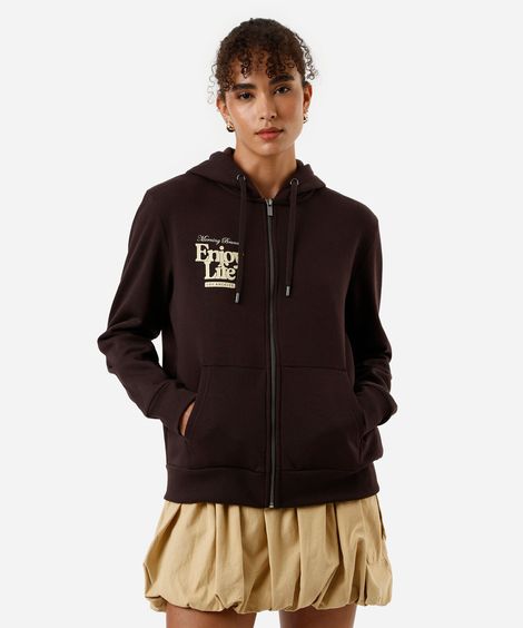 blusão de moletom com zíper enjoy life marrom