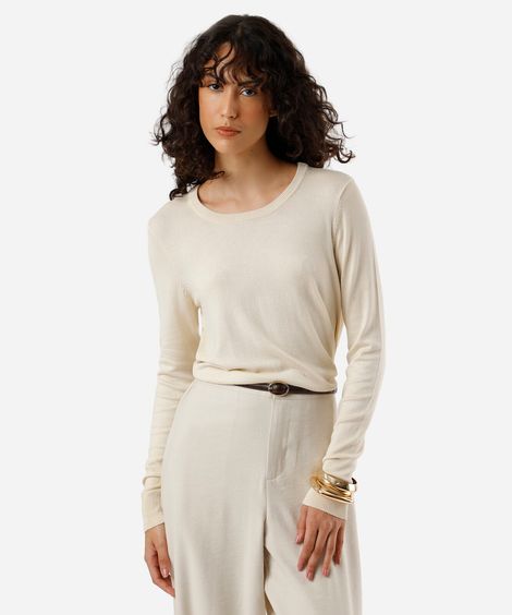 suéter de tricô básico decote redondo bege