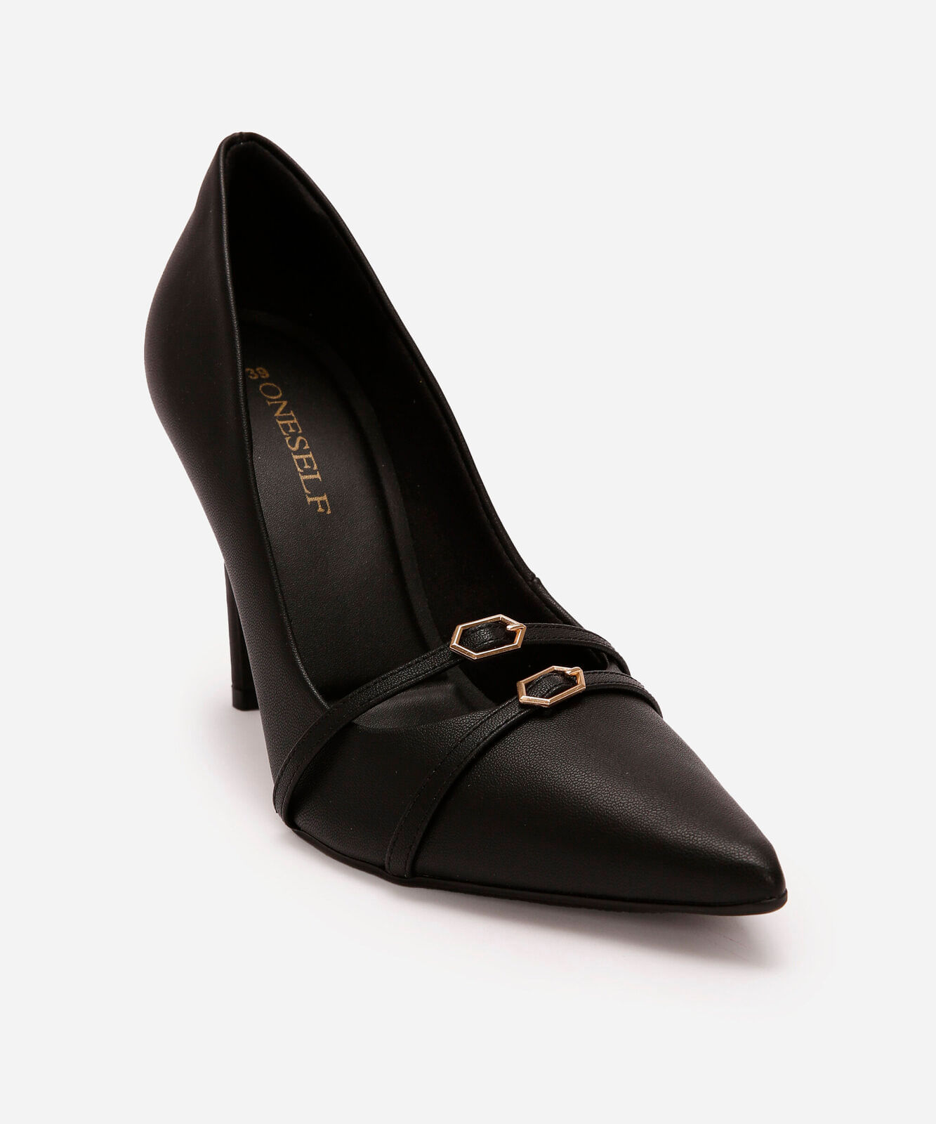 scarpin bico fino com fivelas oneself preto