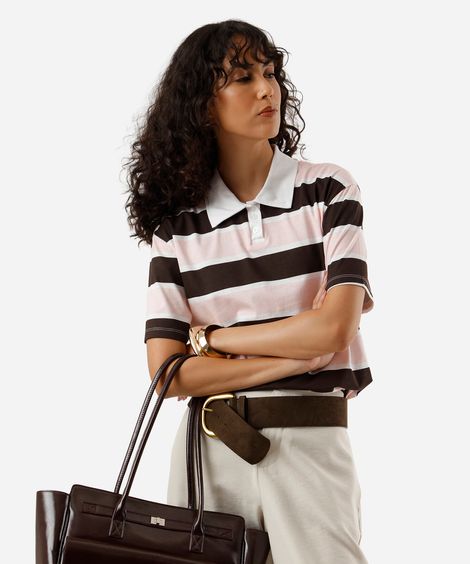 polo feminina de algodão listrada rosa