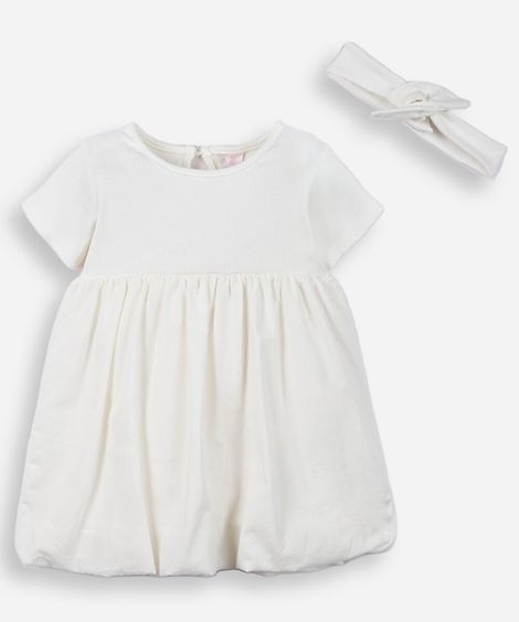 vestido infantil balonê com faixa de cabeça off white