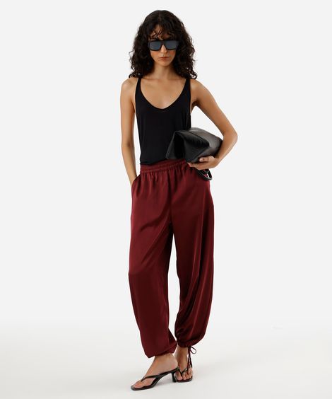 calça aladim feminina com amarração acetinada vinho