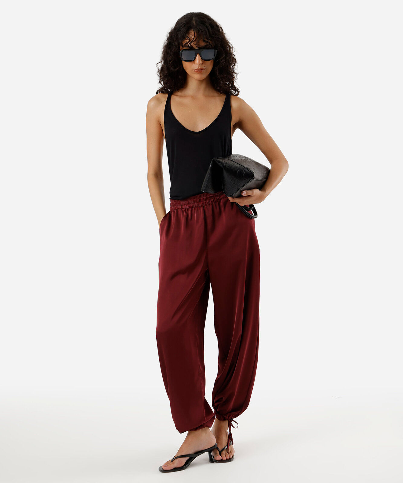 calça aladim feminina com amarração acetinada vinho