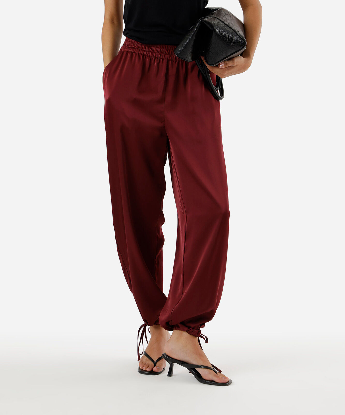 calça aladim feminina com amarração acetinada vinho