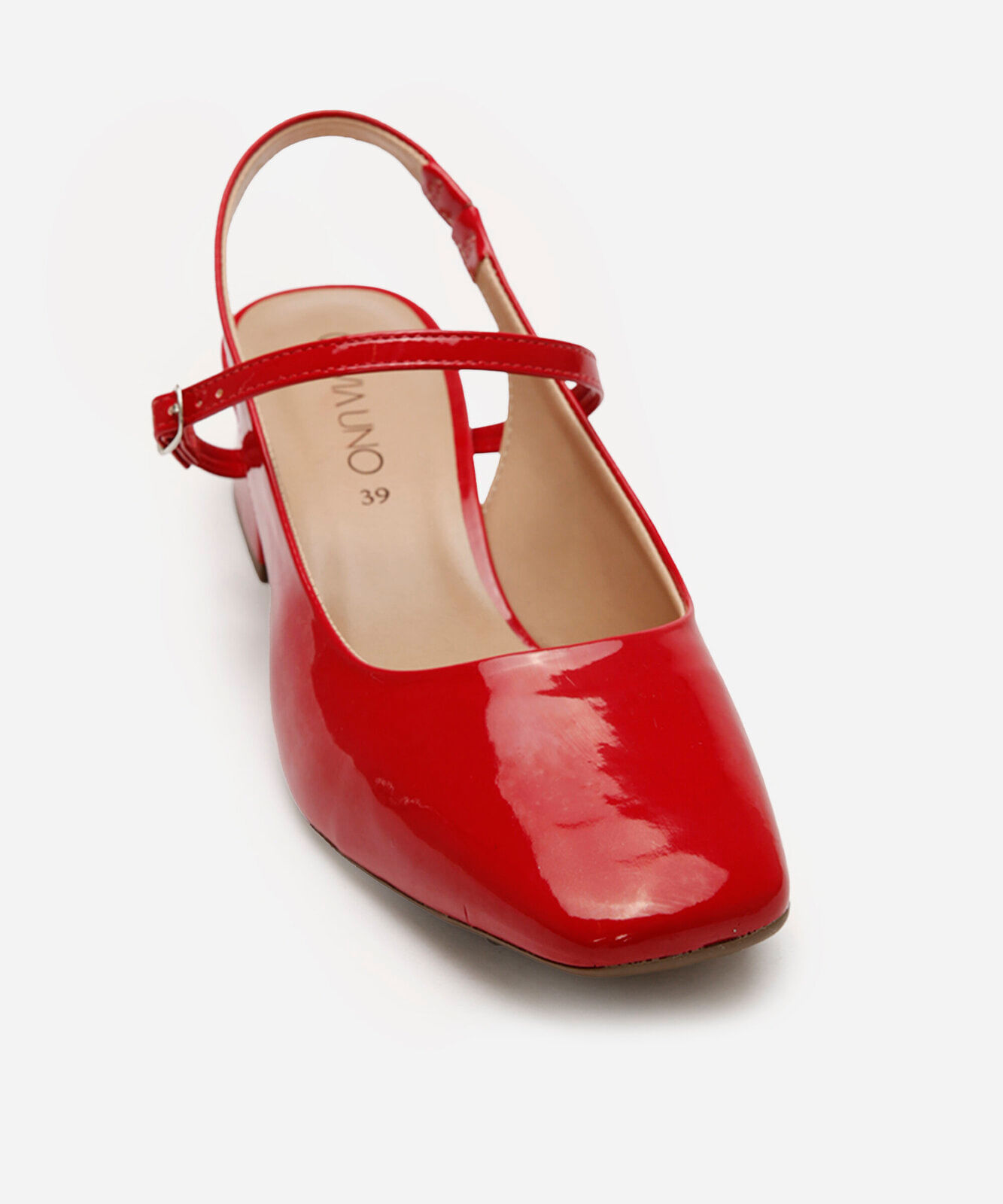 scarpin salto bloco bico quadrado via uno vermelho