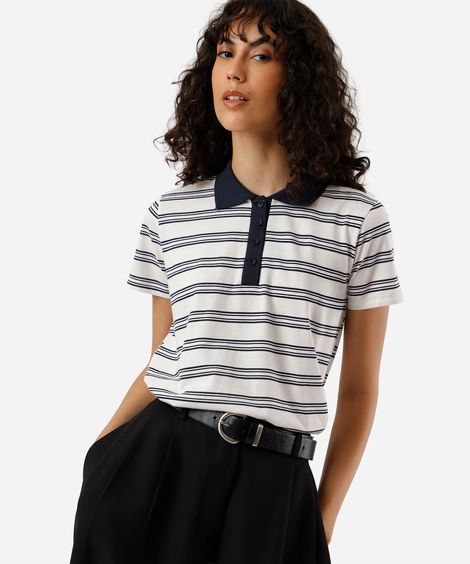 polo feminina com algodão listrada off white