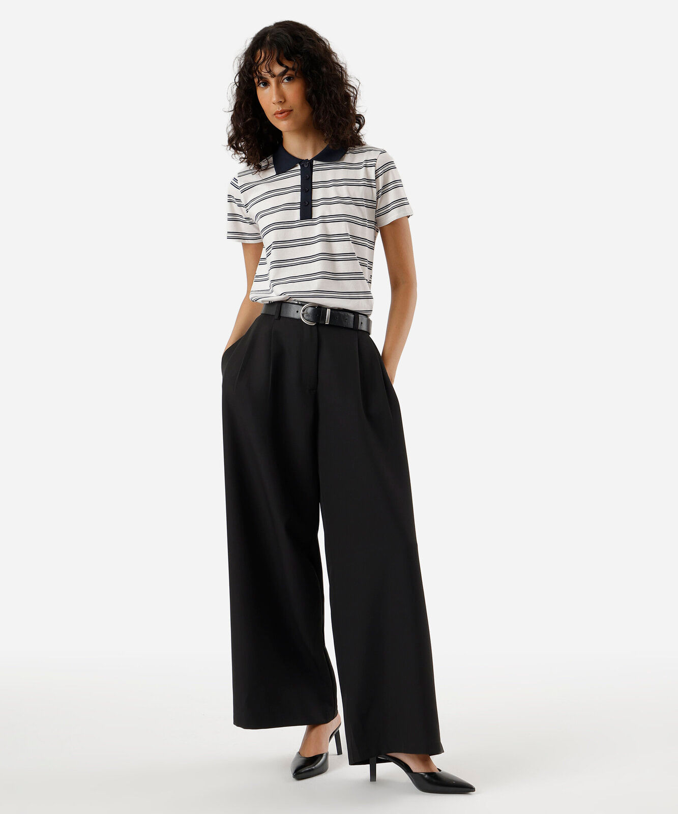 polo feminina com algodão listrada off white