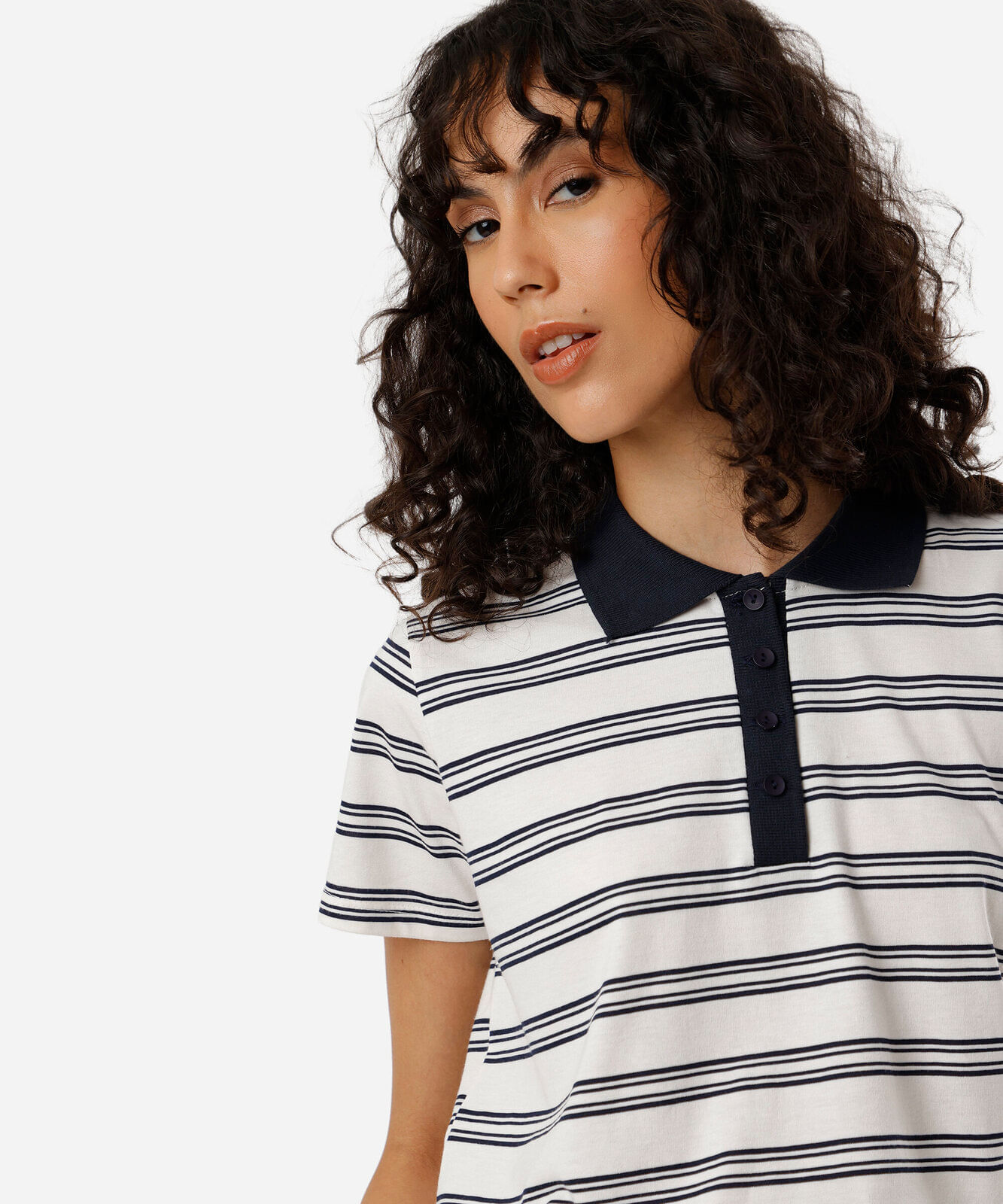 polo feminina com algodão listrada off white