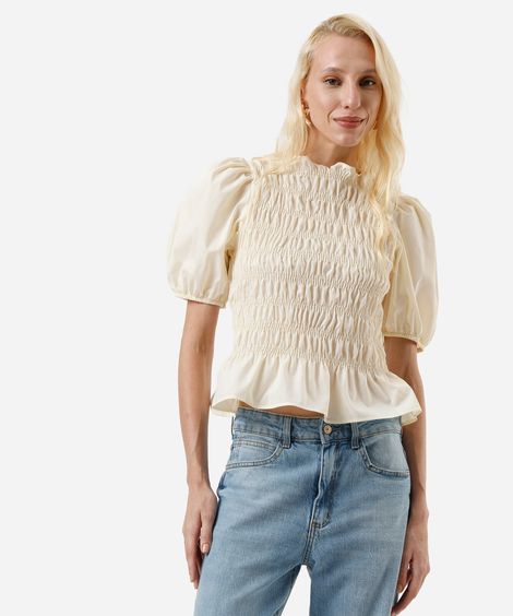 blusa feminina franzida manga bufante amarela