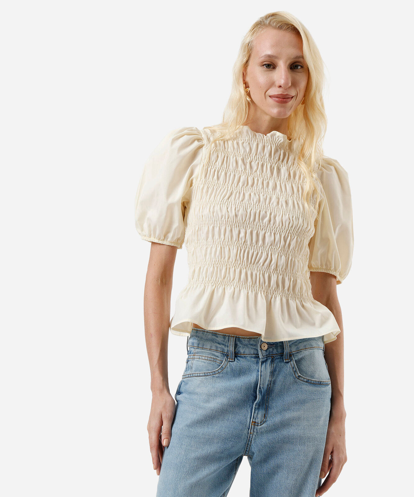 blusa feminina franzida manga bufante amarela
