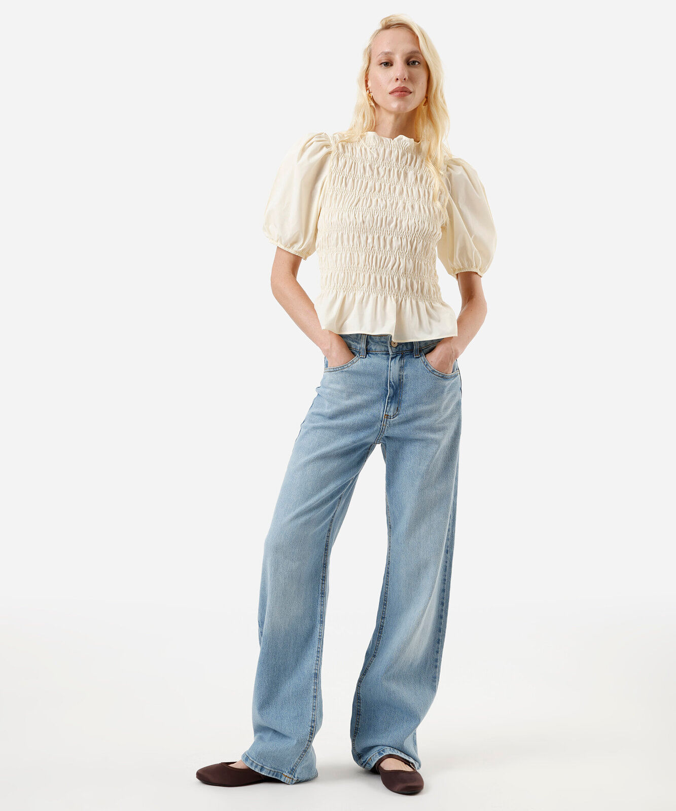 blusa feminina franzida manga bufante amarela