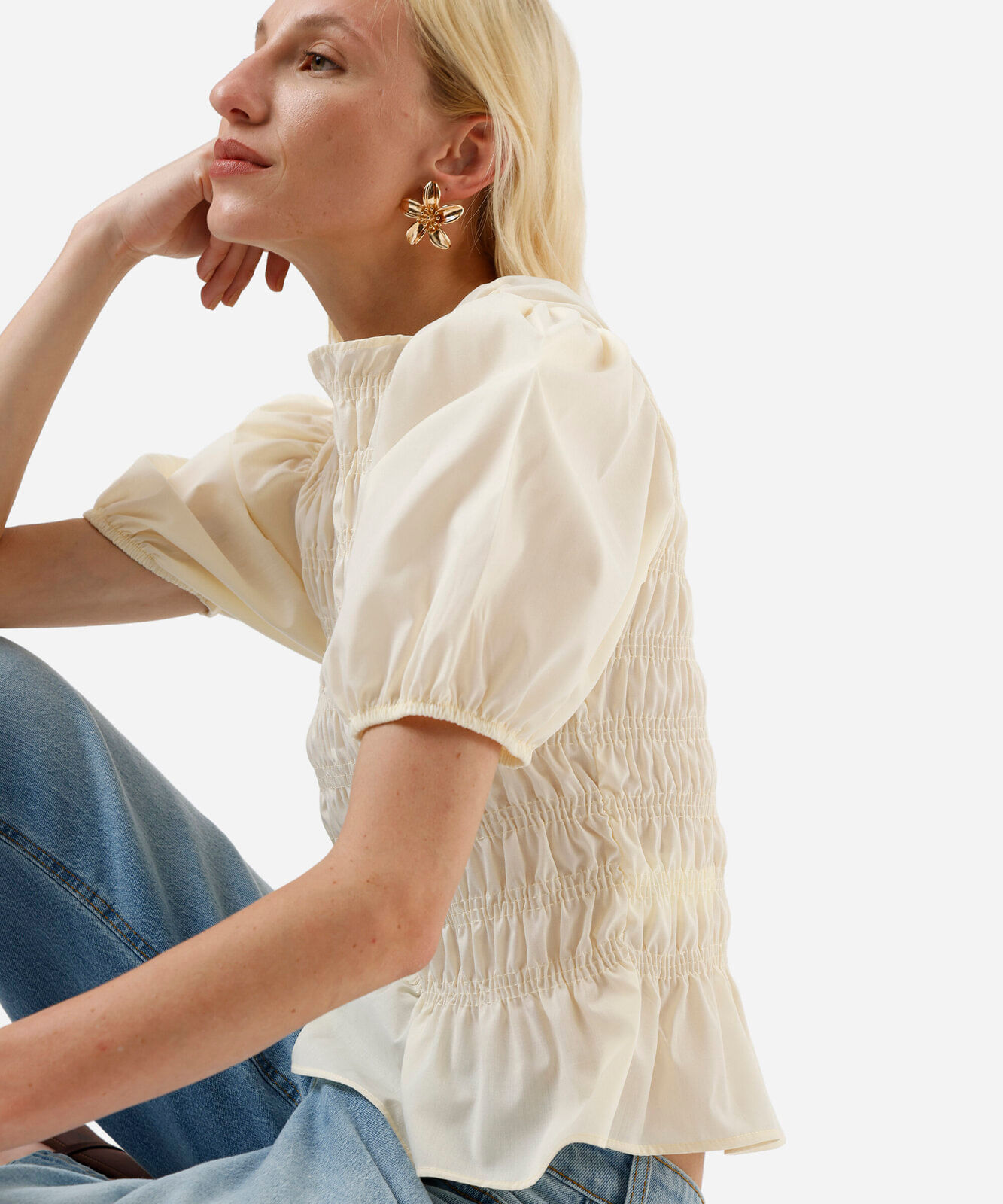 blusa feminina franzida manga bufante amarela