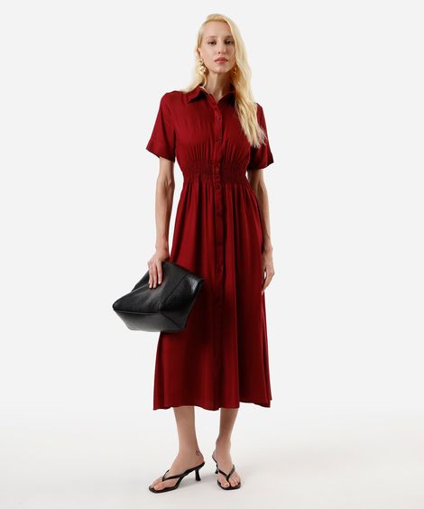 vestido midi chemise feminino de viscose manga curta vinho