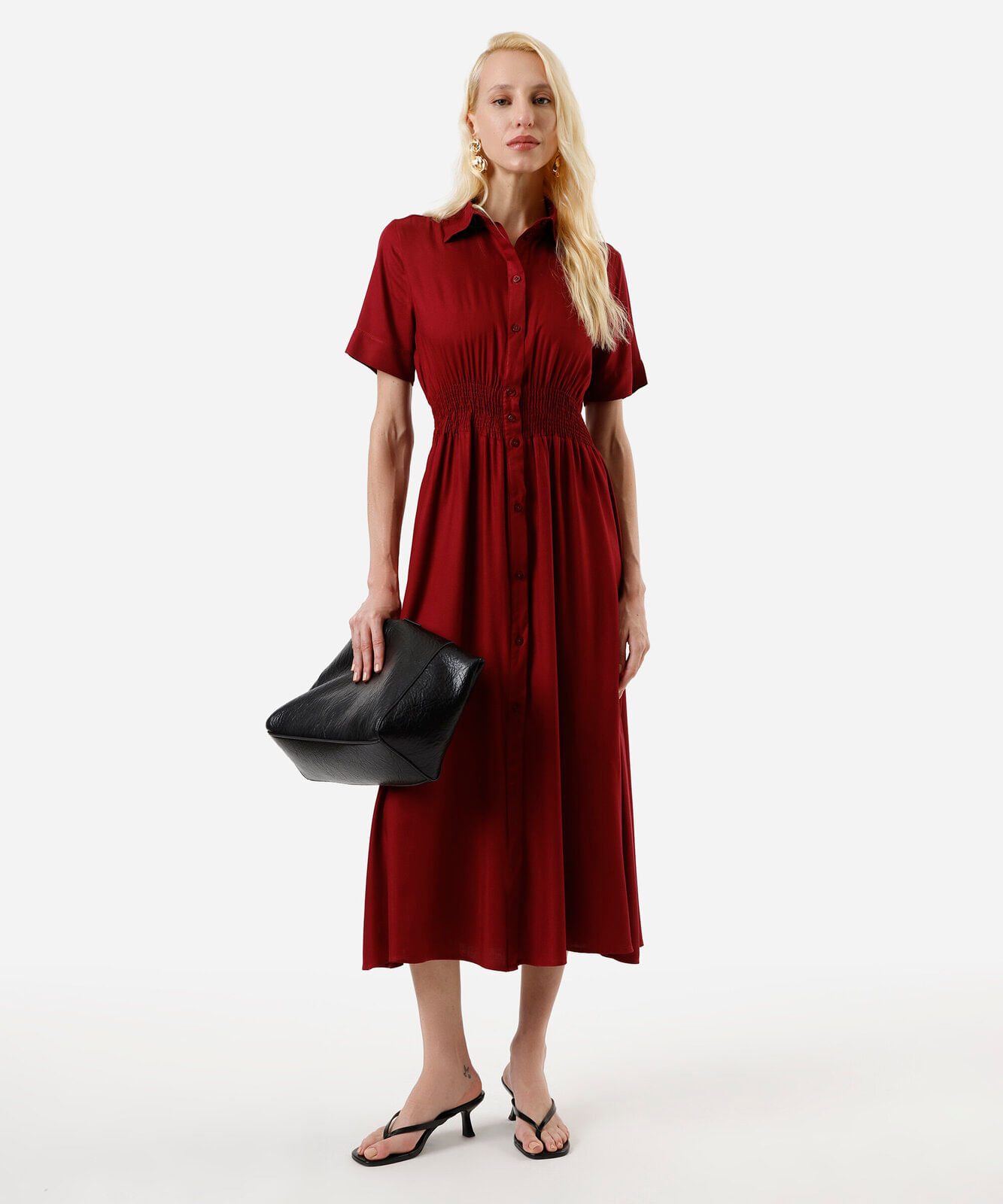 vestido midi chemise feminino de viscose manga curta vinho