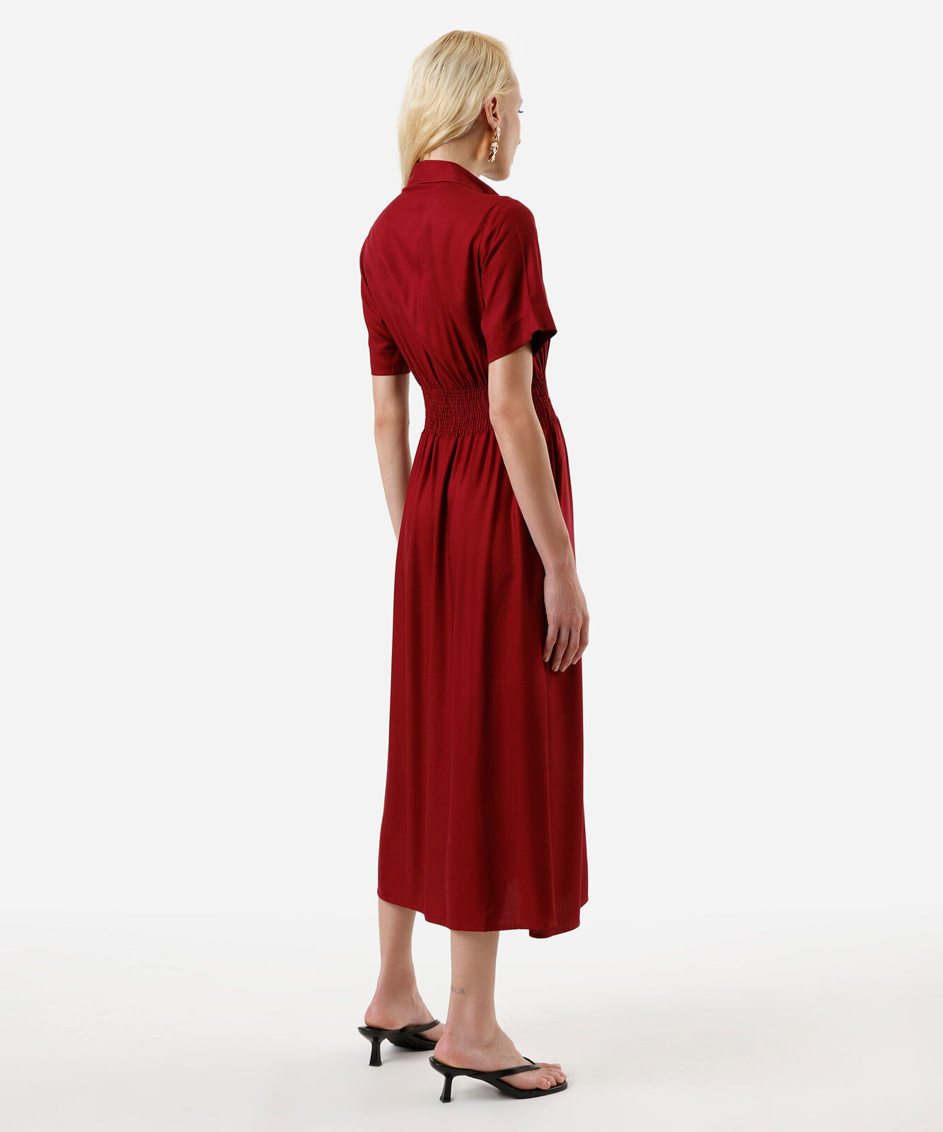 vestido midi chemise feminino de viscose manga curta vinho