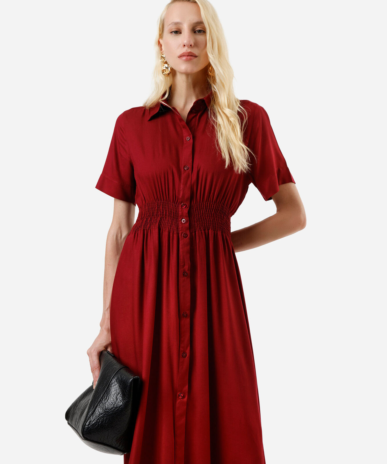 vestido midi chemise feminino de viscose manga curta vinho