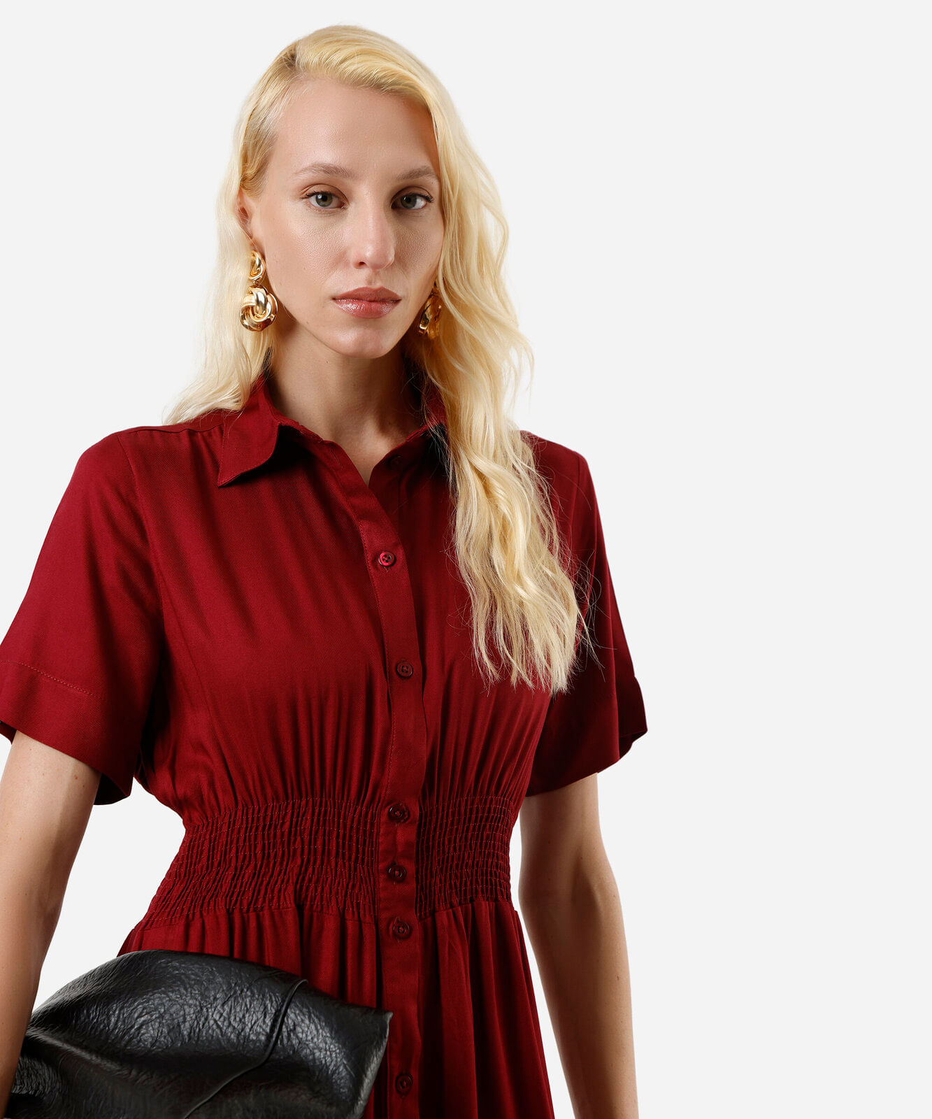 vestido midi chemise feminino de viscose manga curta vinho