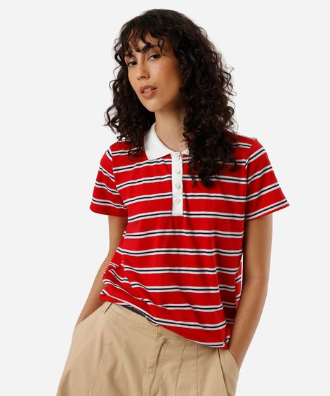 polo feminina com algodão listrada vermelha