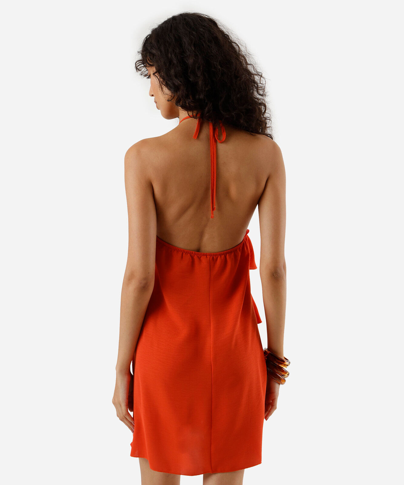 vestido feminino curto de babados frente única laranja