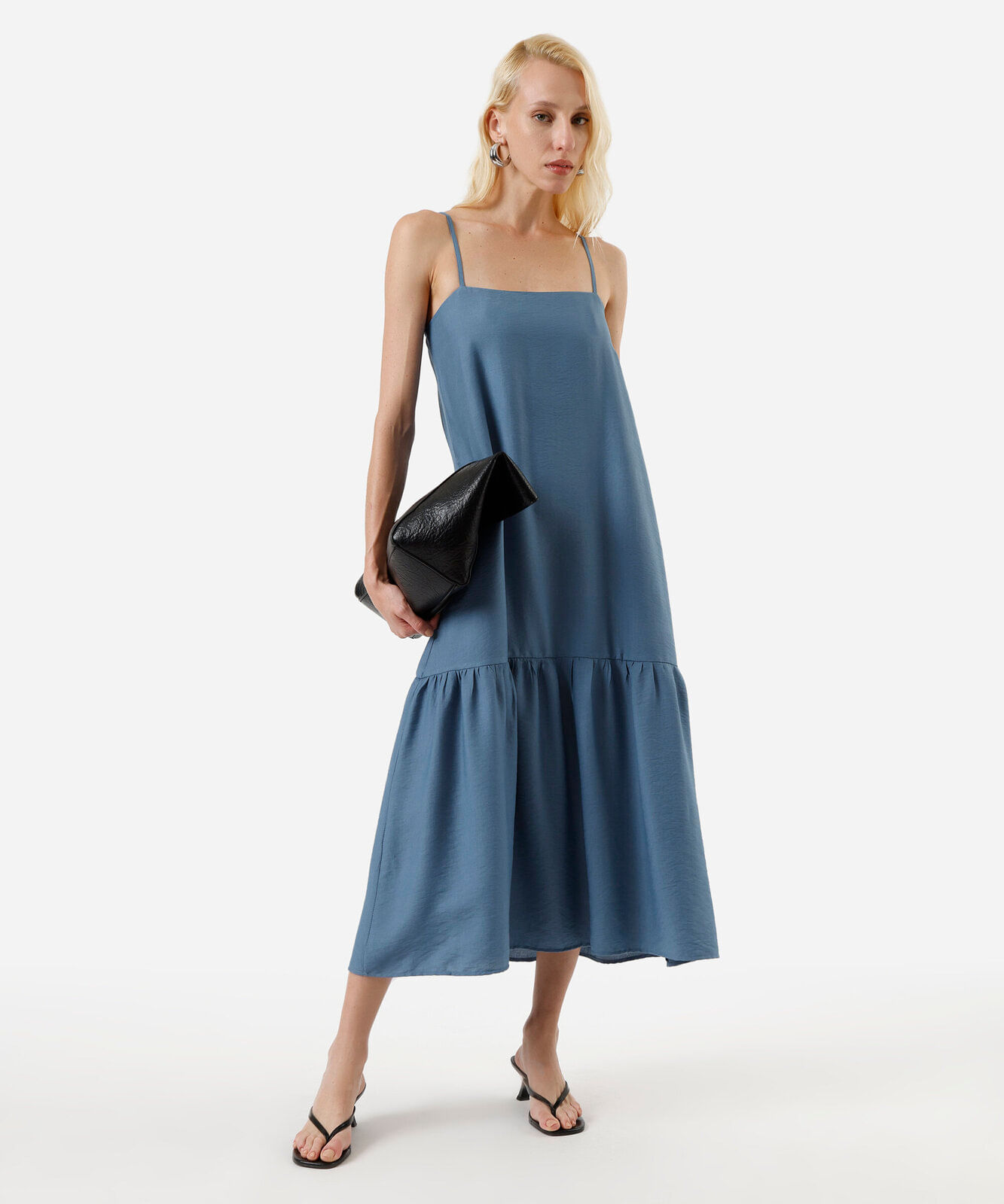 vestido midi feminino de viscose alça fina - azul médio