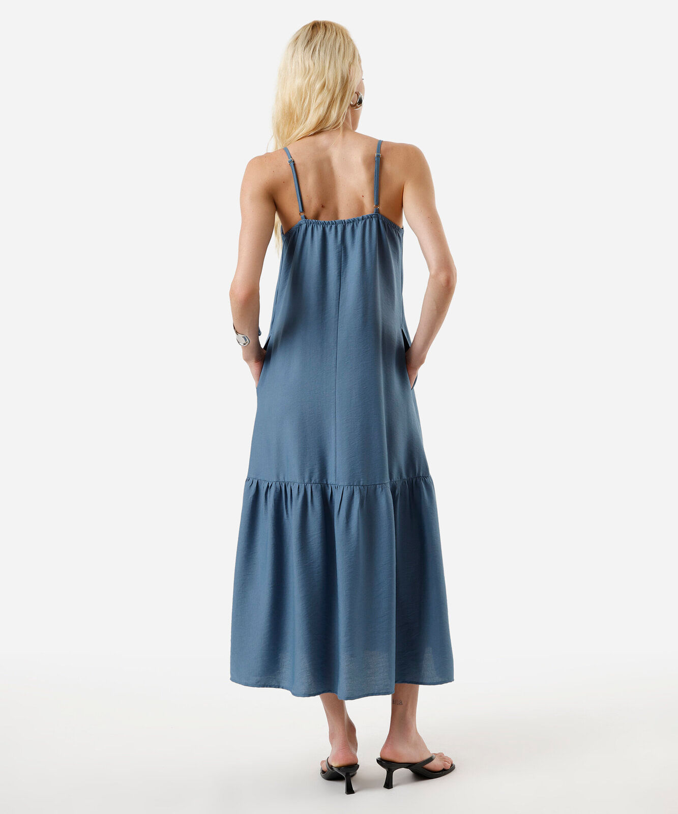 vestido midi feminino de viscose alça fina - azul médio