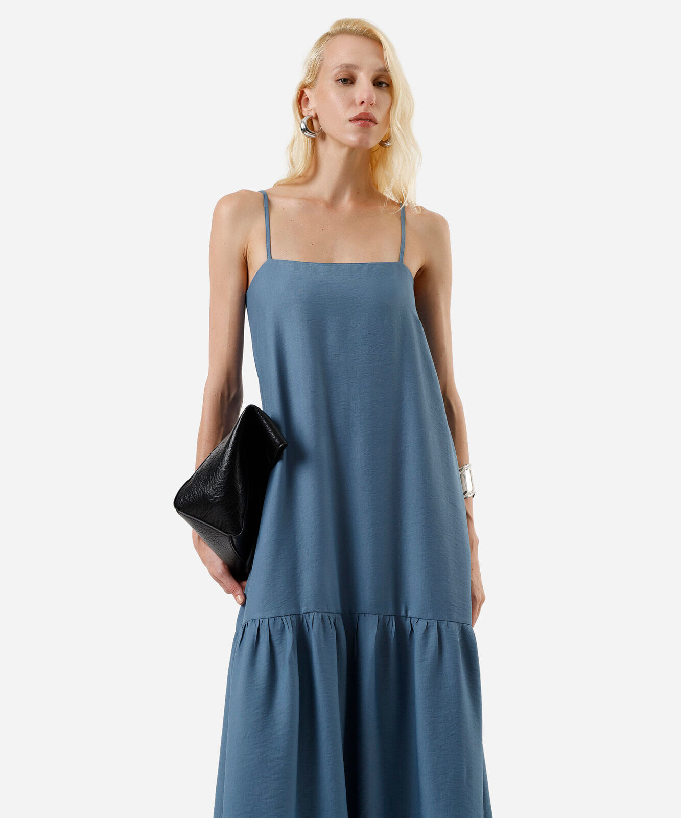 vestido midi feminino de viscose alça fina - azul médio