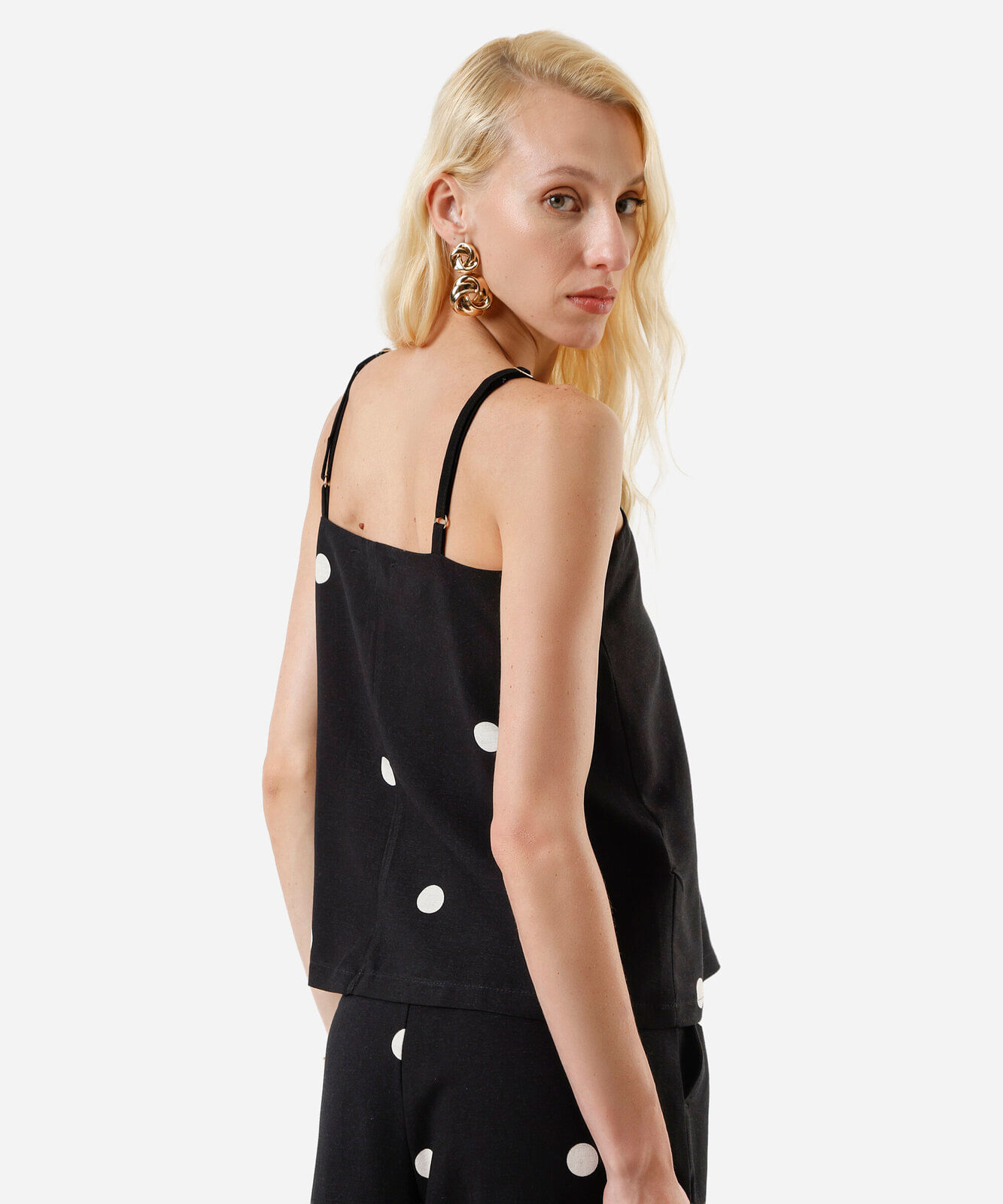 blusa feminina alça fina com linho poá preta