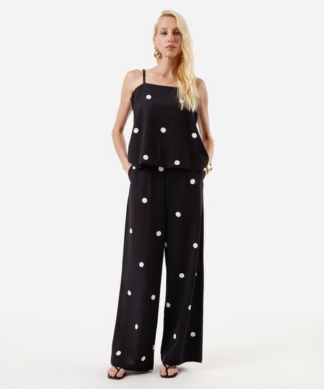 calça wide leg feminina com linho poá preta