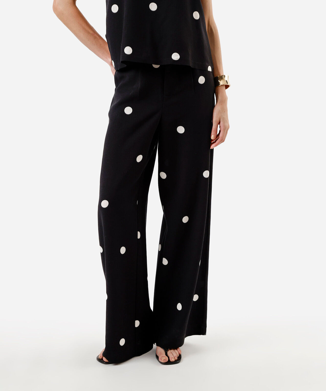 calça wide leg feminina com linho poá preta