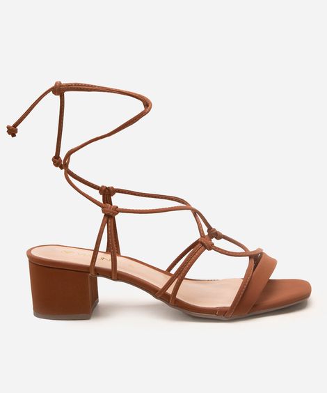 sandália salto bloco lace up via uno marrom