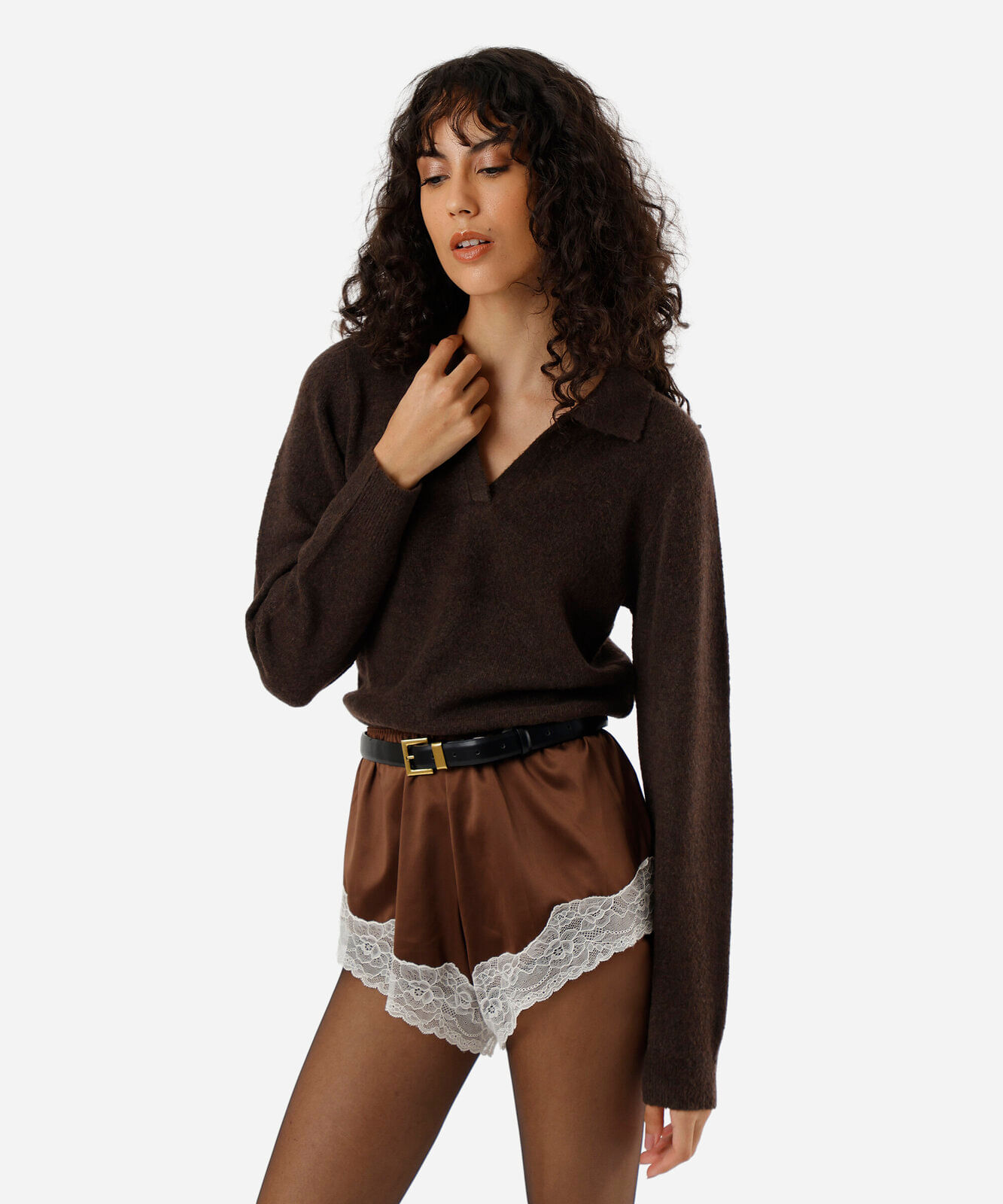 polo básica feminina de tricot manga longa marrom