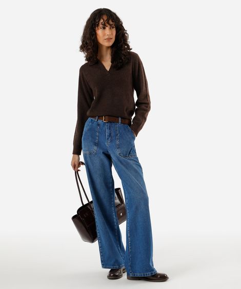 calça wide leg feminina jeans sawary azul