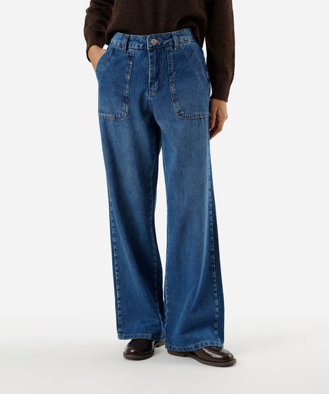 calça wide leg feminina jeans sawary azul