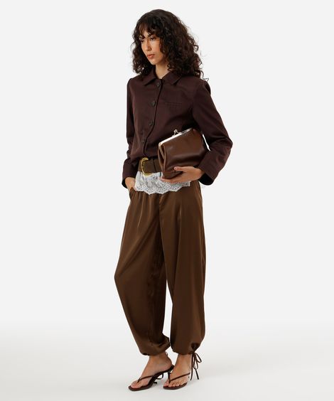 calça aladim feminina com amarração acetinada marrom