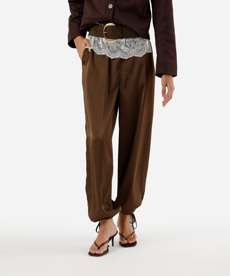 calça aladim feminina com amarração acetinada marrom