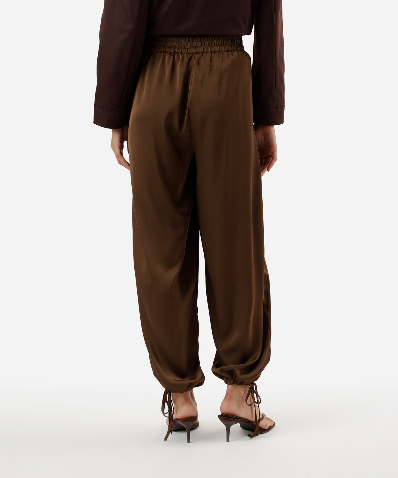 calça aladim feminina com amarração acetinada marrom
