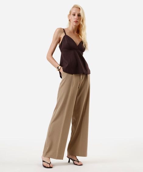 calça de alfaiataria feminina risca de giz bege