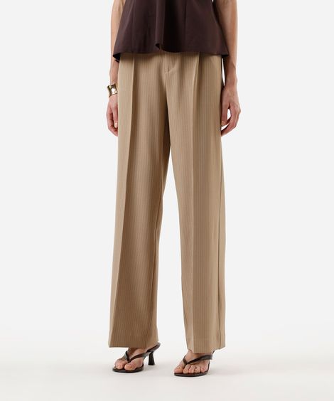 calça de alfaiataria feminina risca de giz bege