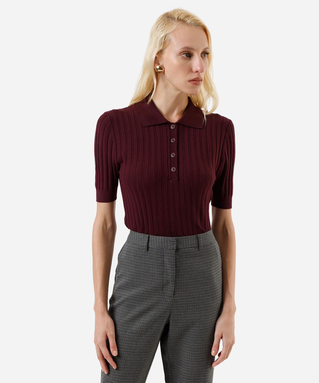 polo feminina de tricot canelada vinho