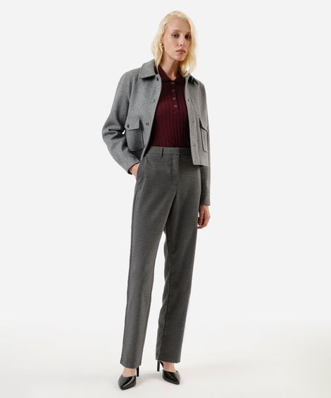 calça reta de alfaiataria feminina xadrez cinza